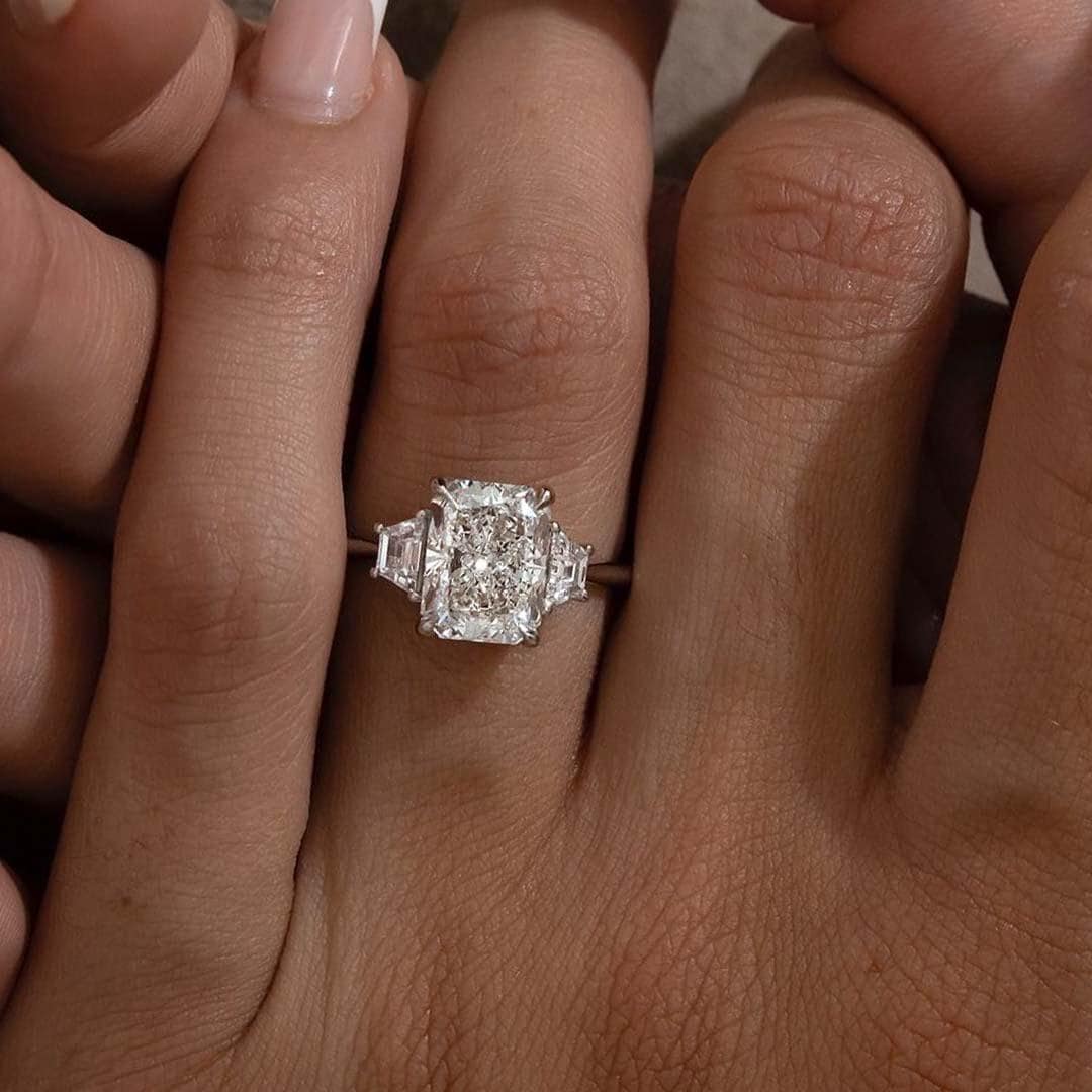 Radiant Cut Lab Grown Diamond Three Stone Engagement Ring, IGI Certified