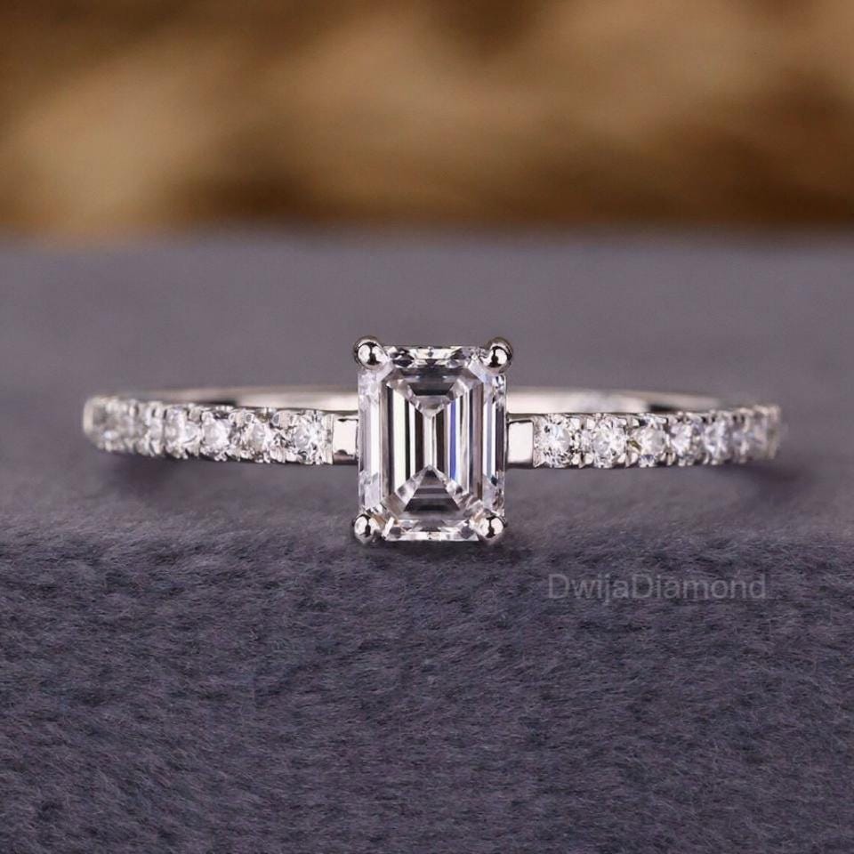 Emerald Cut Lab Grown Diamond Engagement Ring: Solid Gold Solitaire