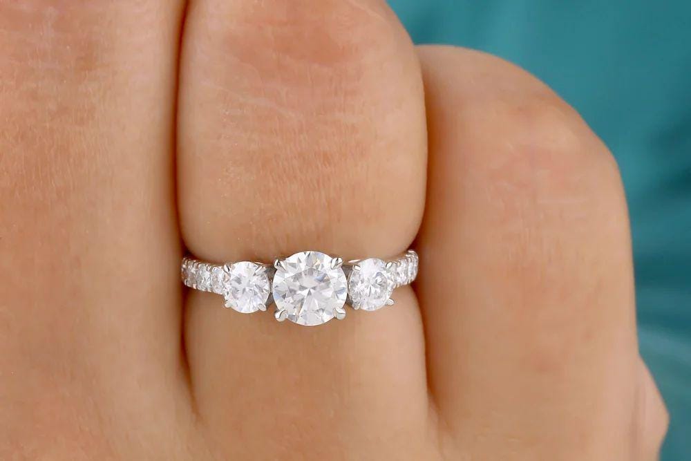 1 CT Round Moissanite Engagement Ring: 14K White Gold Pave Anniversary Ring