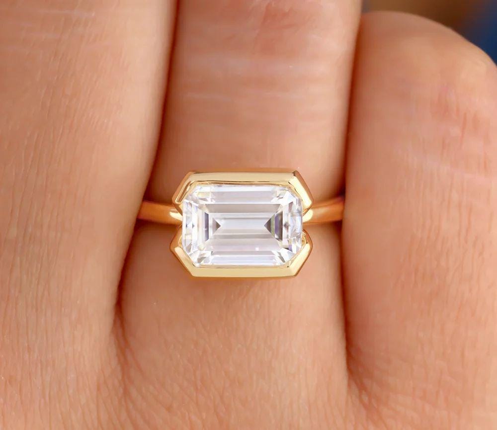 Emerald Cut Moissanite Engagement Ring: 14K Gold Half Bezel Solitaire