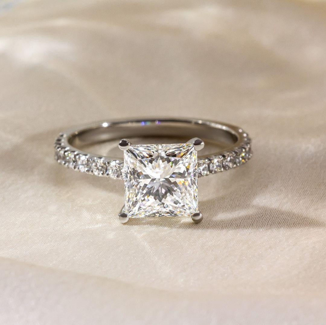 Princess Cut Lab Grown Diamond Engagement Ring: 14K Gold Pave Setting