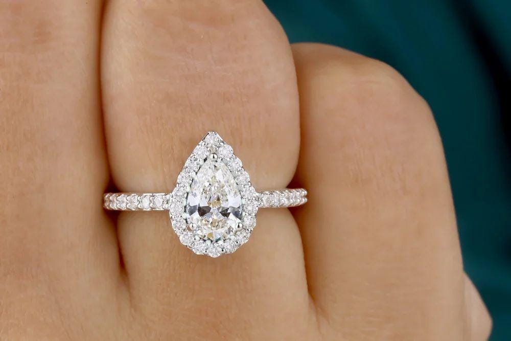 2 CT Pear Cut Moissanite Engagement Ring: Halo Solitaire, 14K Gold