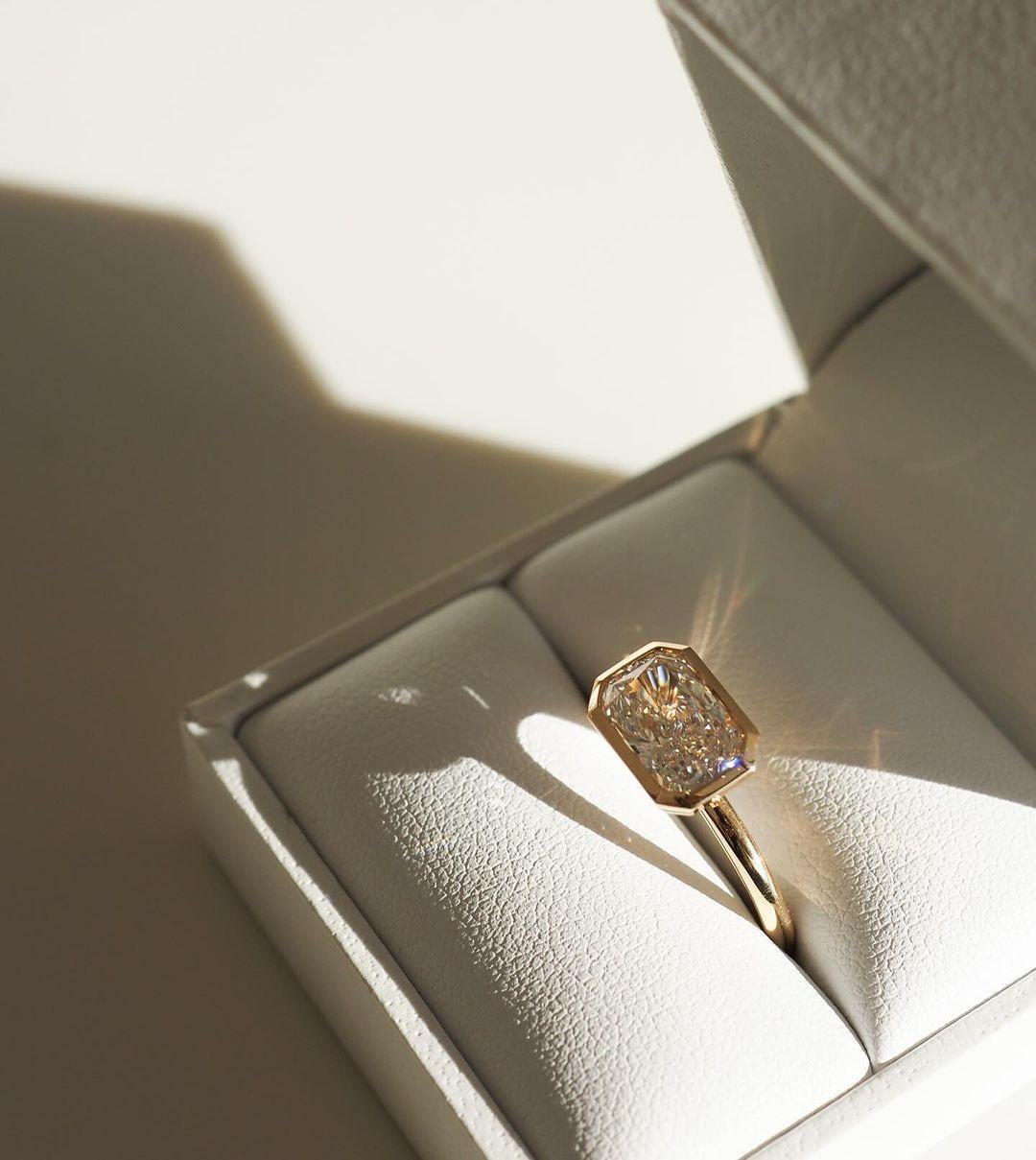 Elongated Radiant Cut Lab Grown Diamond Engagement Ring: East To West Bezel Setting