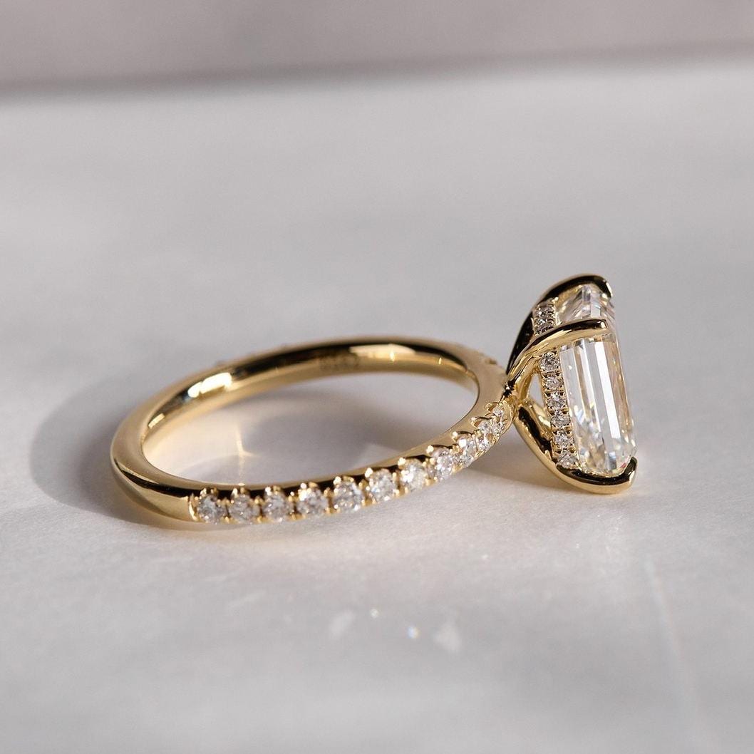 Lab Grown Emerald Cut Diamond Engagement Ring: Pave Hidden Halo