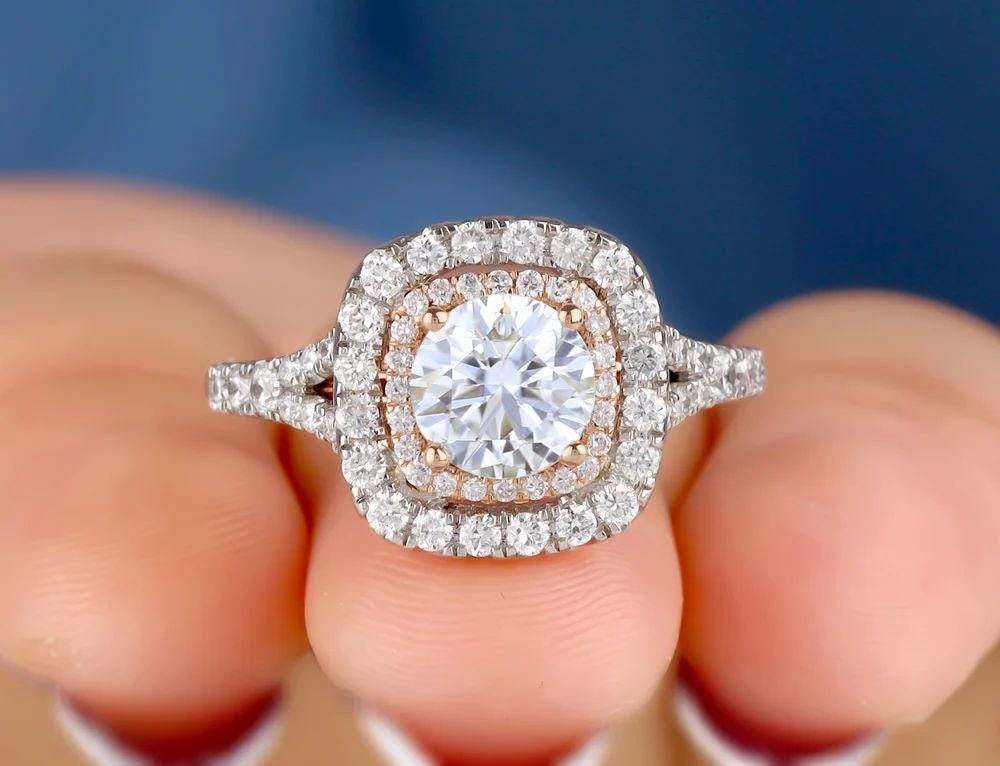 1.25 CT Cushion Cut Moissanite Ring: 14K Gold Double Halo Engagement Ring