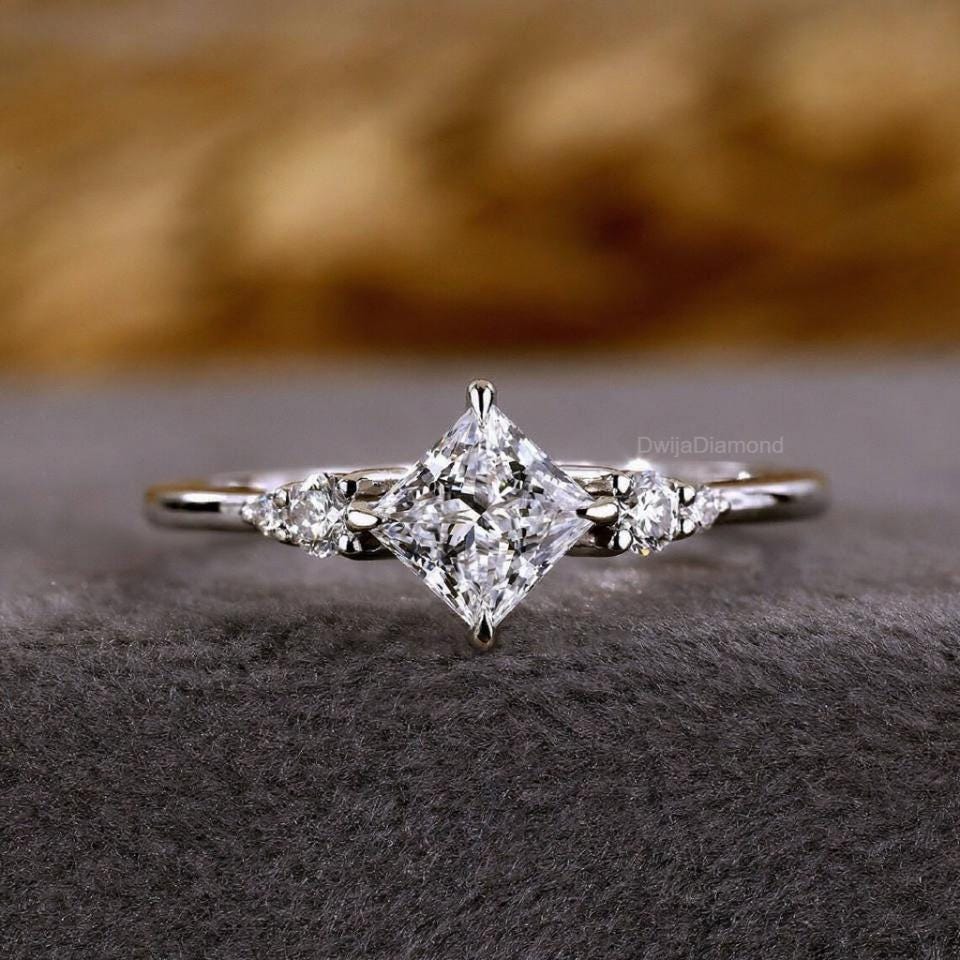 Lab Grown Diamond Ring: Princess Cut Three Stone Compass Prong