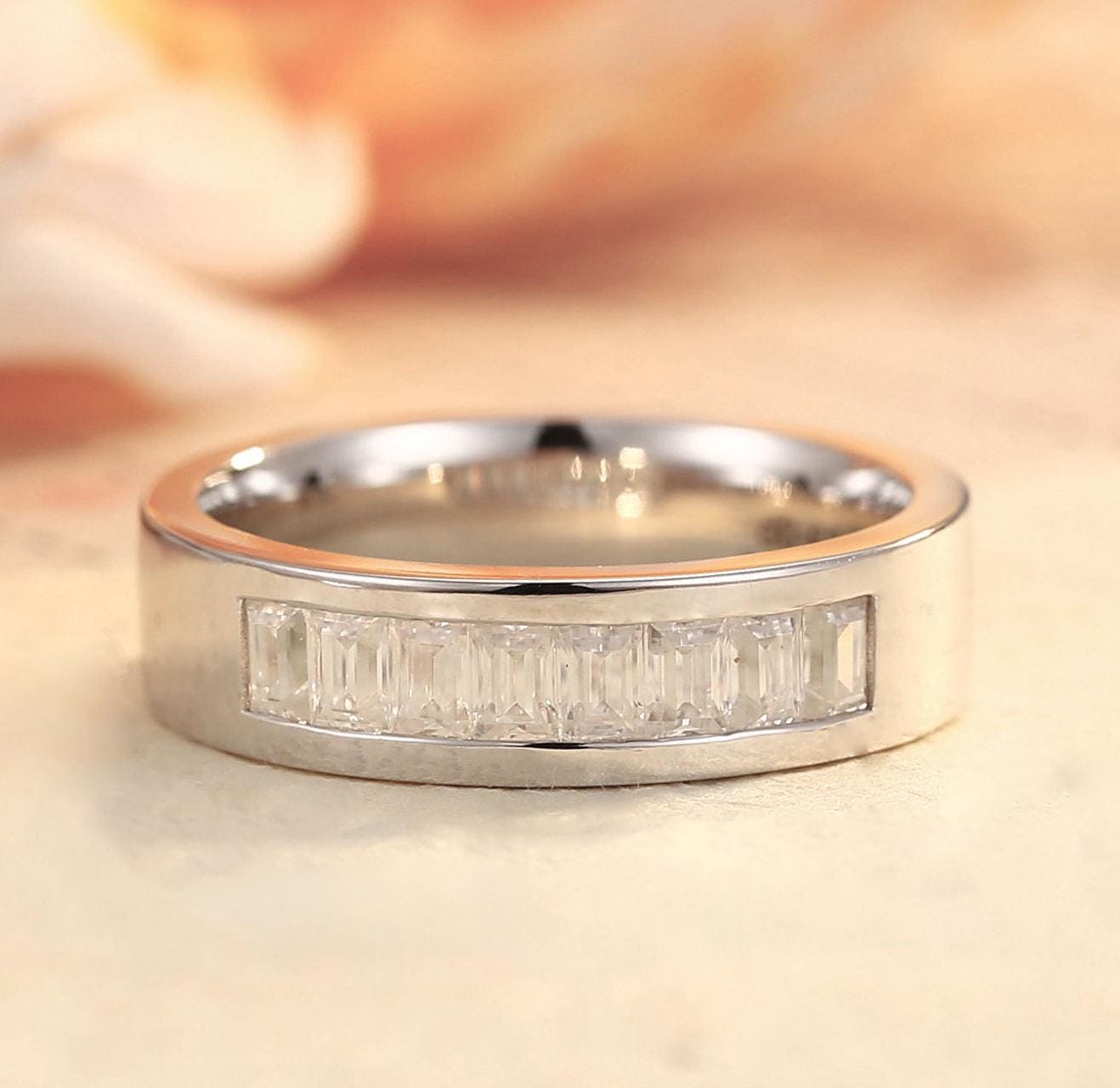 Baguette Moissanite Wedding Band: 14K White Gold Channel Set Ring