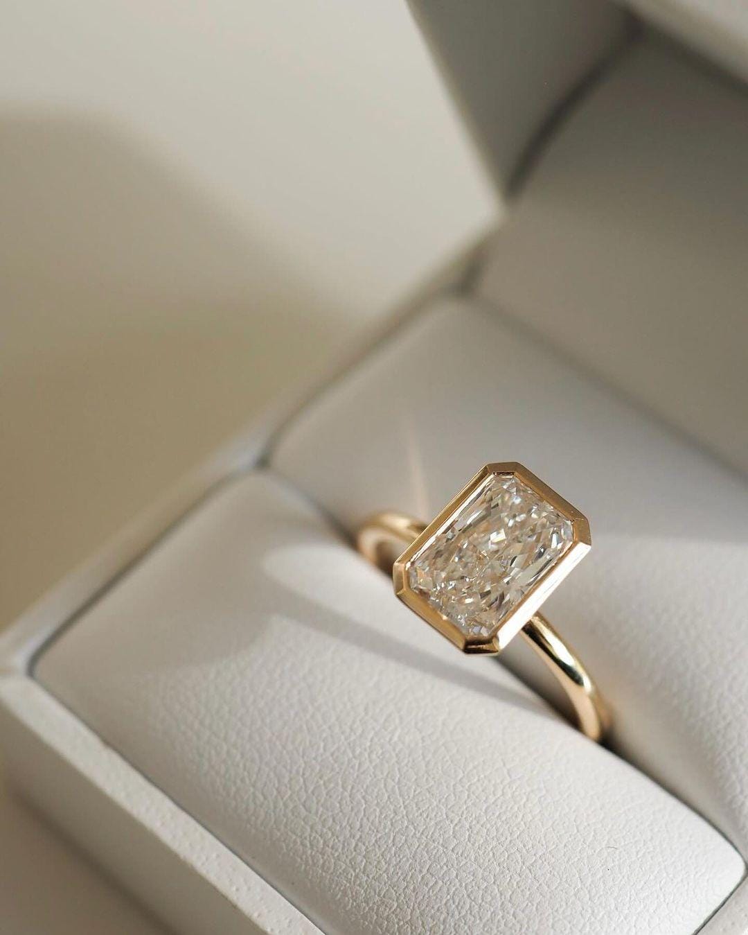 3.0 Carat E Color VVS2 Clarity IGI CERTIFIED, Elongated Radiant Cut Lab Grown Diamond Bezel Set Solitaire Engagement Ring, 14k Yellow Gold