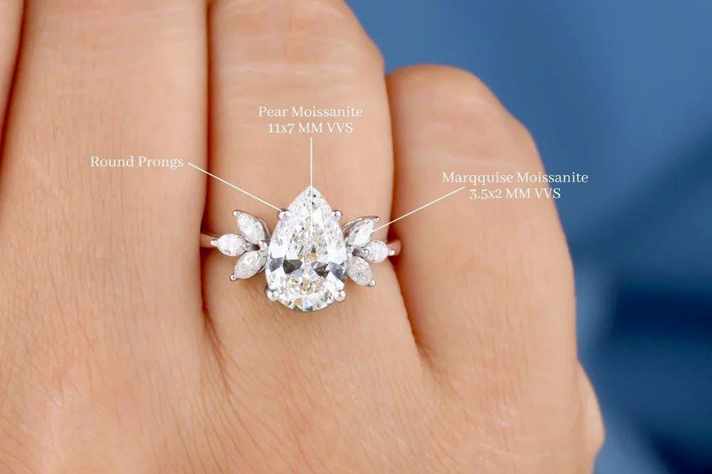 Handmade 2.87 Ct Pear Moissanite Engagement Ring: 18K White Gold