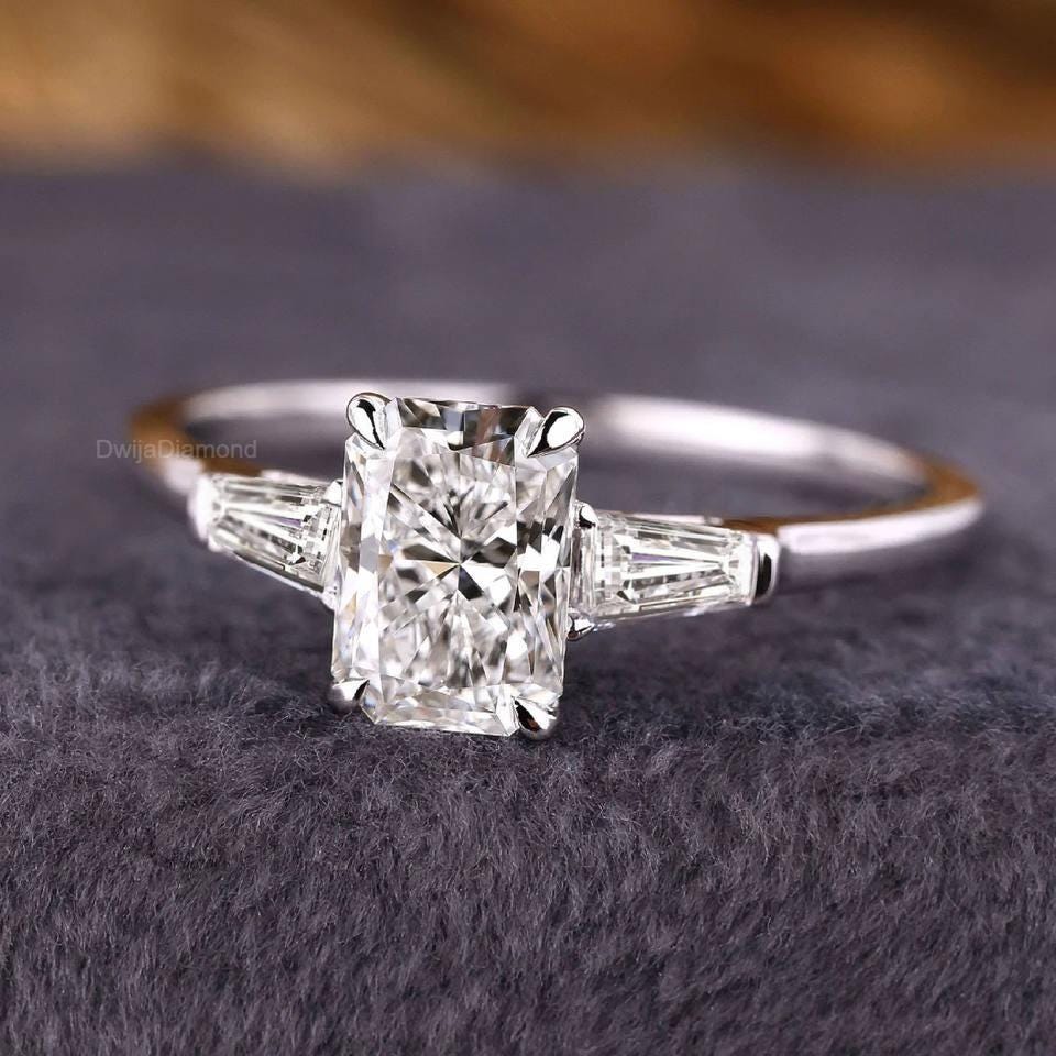 Radiant Lab Diamond Engagement Ring: 10k Rose Gold Three Stone Trilogy