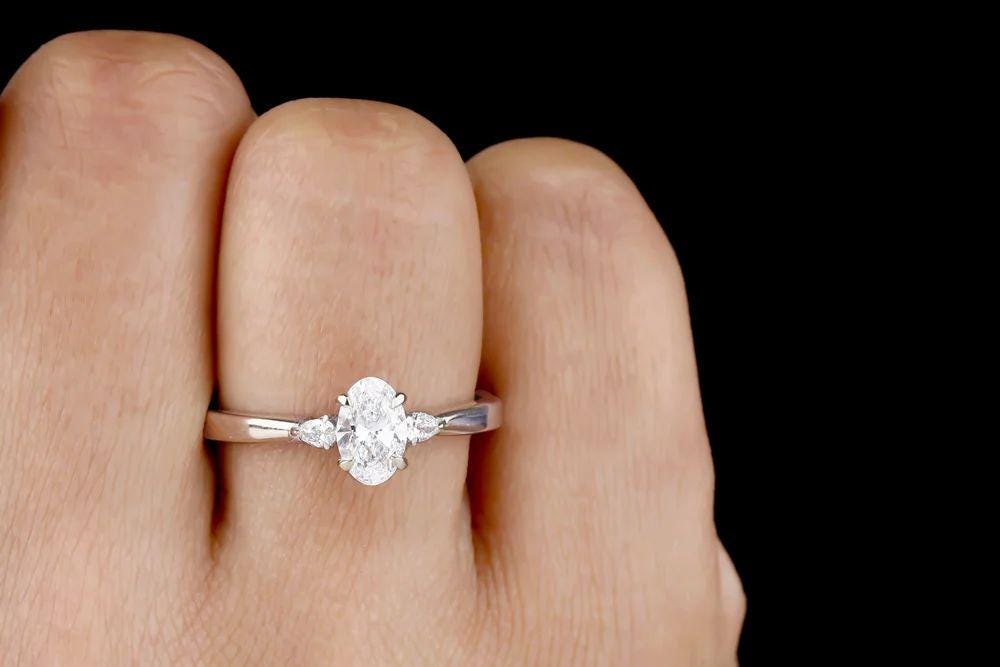 Oval Moissanite Engagement Ring: Three Stone Pear Cut, 2 CT