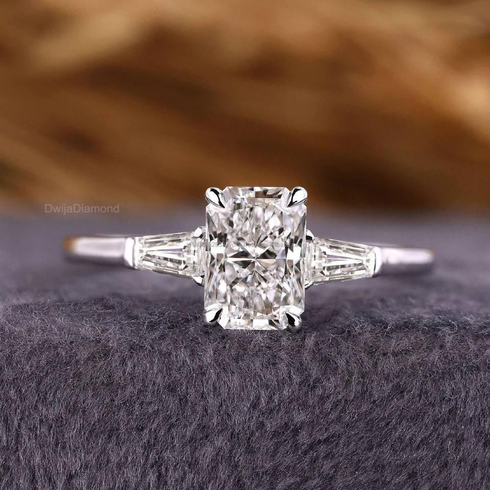 Radiant Lab Diamond Engagement Ring: 10k Rose Gold Three Stone Trilogy