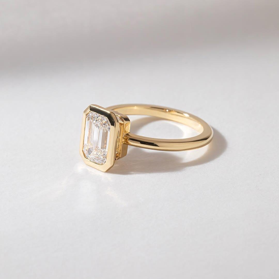 Emerald Cut Lab Grown Diamond Engagement Ring: 14k Yellow Gold Bezel Setting