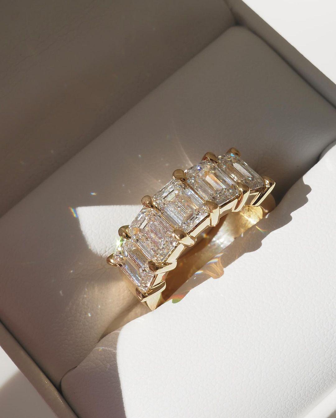 Emerald Cut Lab Grown Diamond Band: Gold Half Eternity Wedding Ring