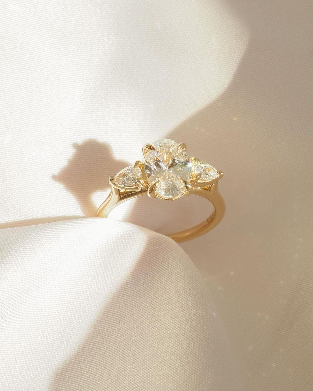 Oval Lab Grown Diamond Three Stone Engagement Ring: 14k Gold, Pear Side Stones