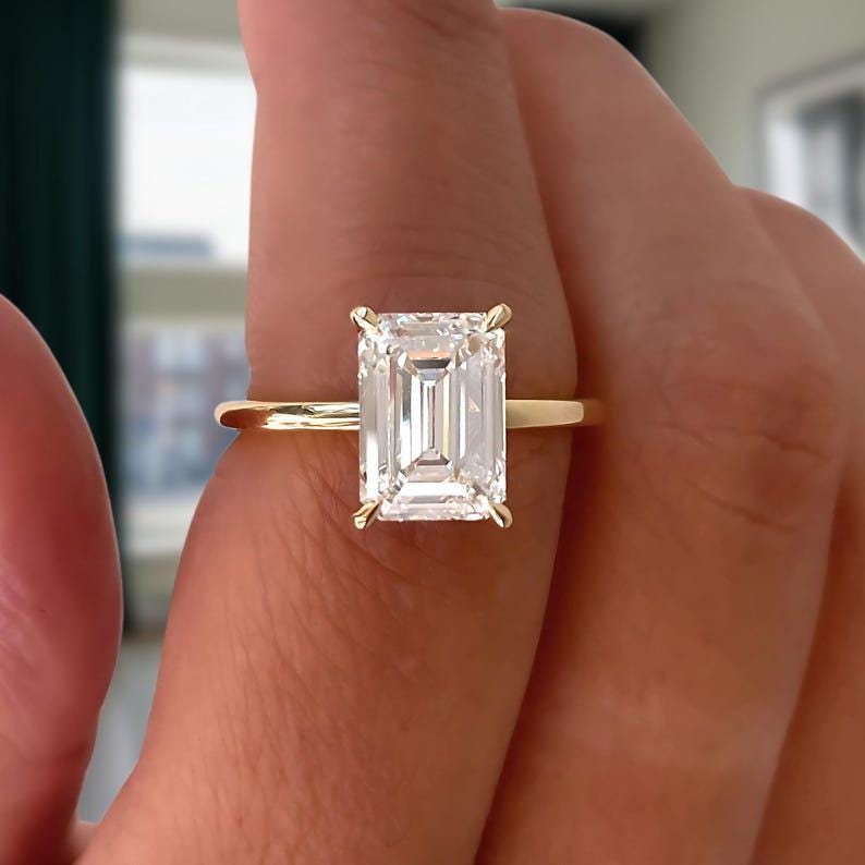 3 Carat Emerald Cut Lab Grown Diamond Engagement Ring - Hidden Halo, Double Claw Prongs