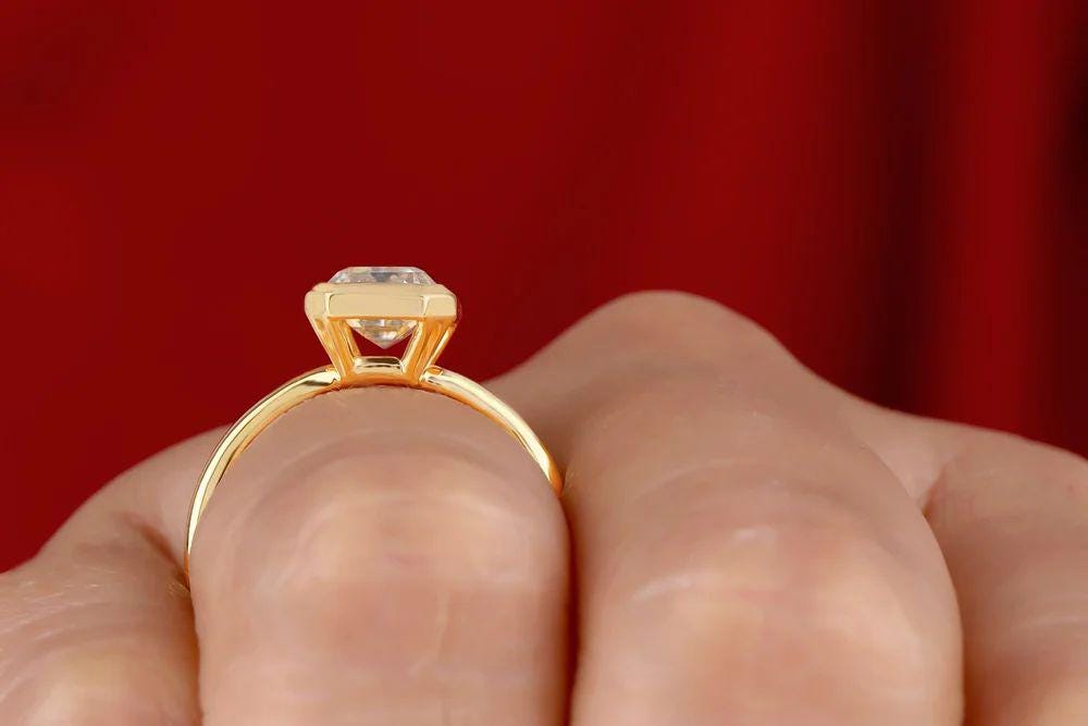 Emerald Cut Moissanite Engagement Ring: Bezel Set Gold Promise Ring