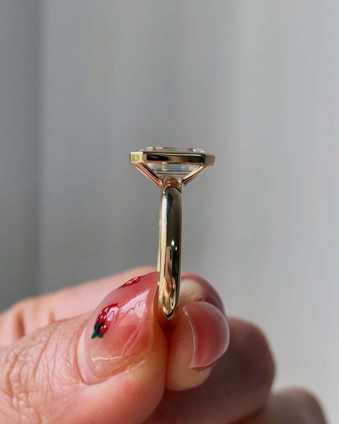 Emerald Cut Lab Grown Diamond Engagement Ring: 14k Yellow Gold Bezel Solitaire