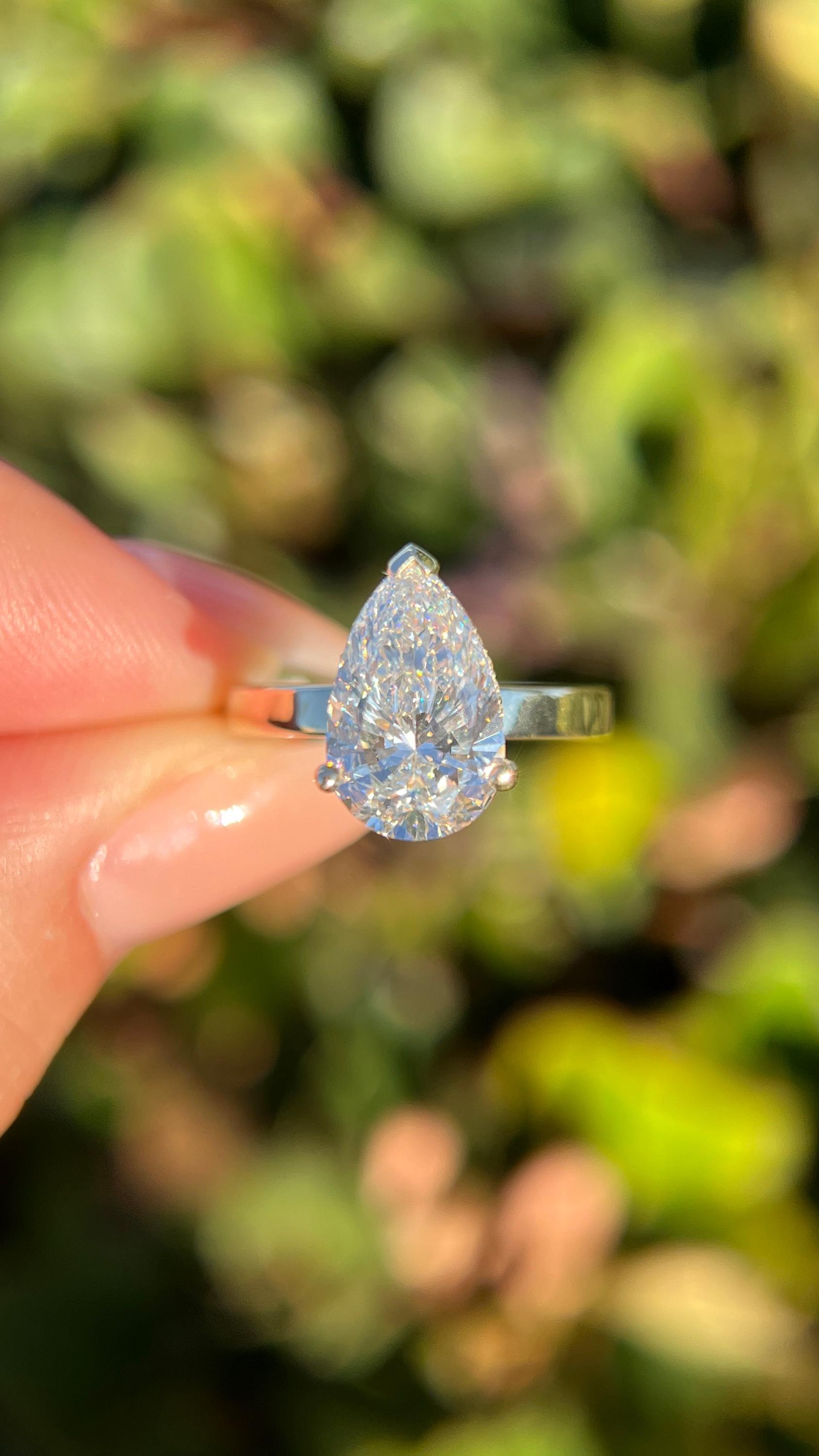 Pear Cut Lab Grown Diamond Engagement Ring: Hidden Halo, Solid Gold