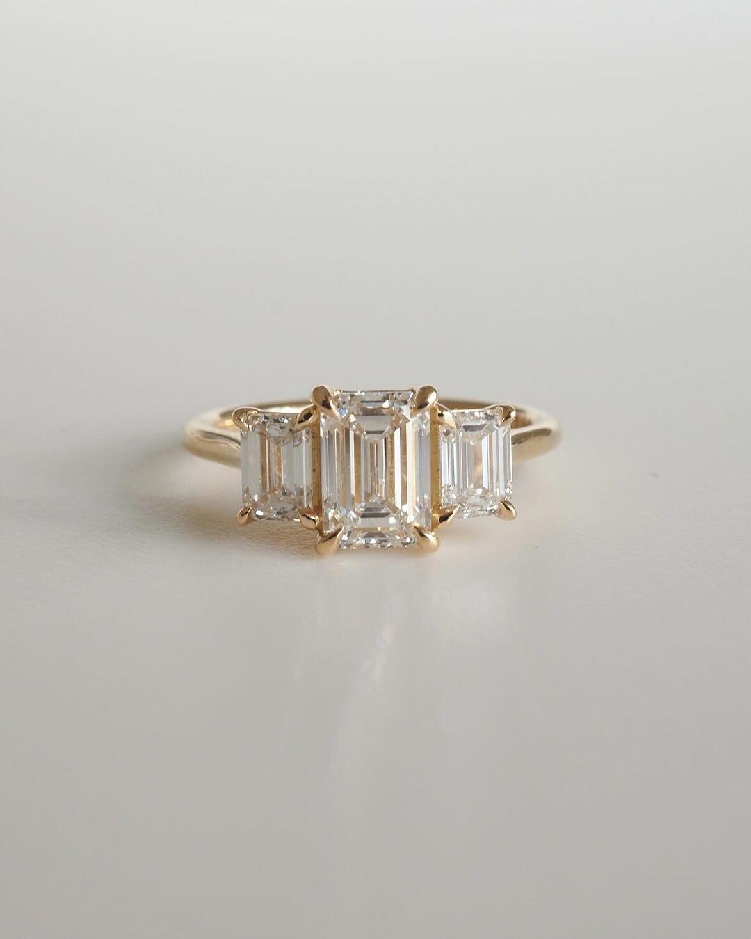 Emerald Cut Lab Grown Diamond Trilogy Ring: 14k Yellow Gold Engagement Ring