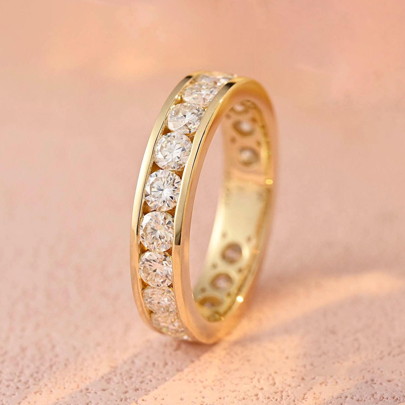Full Eternity Moissanite Wedding Band: 14K Gold Channel Set Stacking Ring