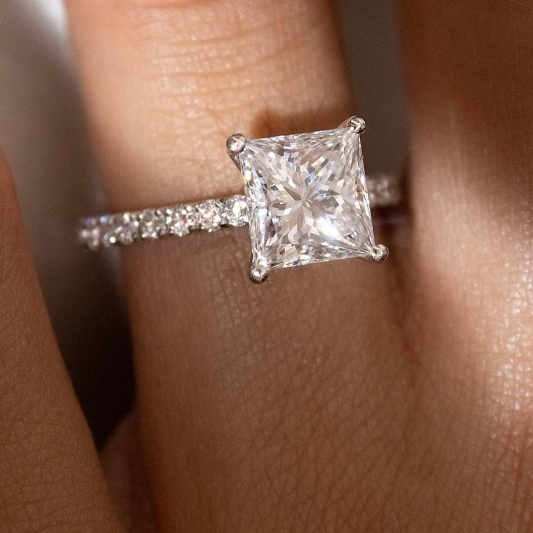 Princess Cut Lab Grown Diamond Engagement Ring: 14K Gold Pave Setting