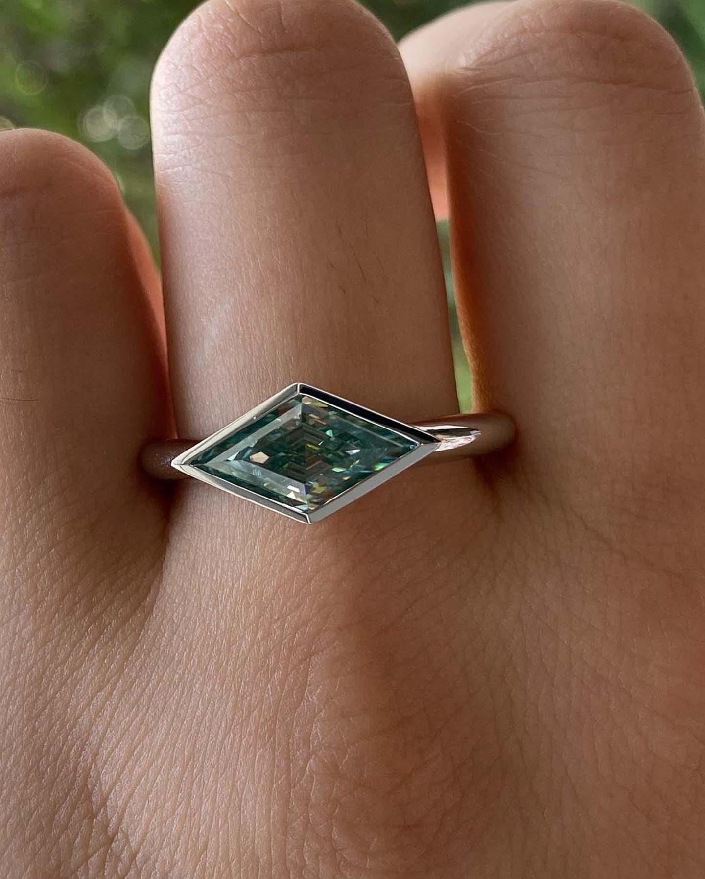 Greenish Blue Lozenge Moissanite Ring: 2 CT Kite Cut Bezel Set