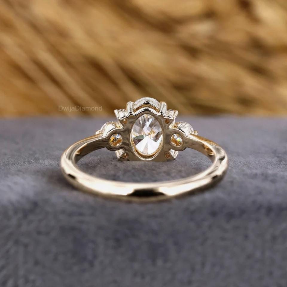 Oval Lab Diamond Engagement Ring: Art Deco Wedding Ring, Solid Gold