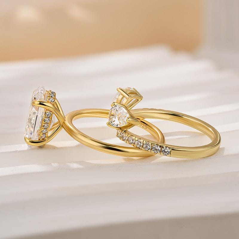 Oval Lab Grown Diamond Bridal Ring Set: 14K Gold Open Cuff Wedding Band