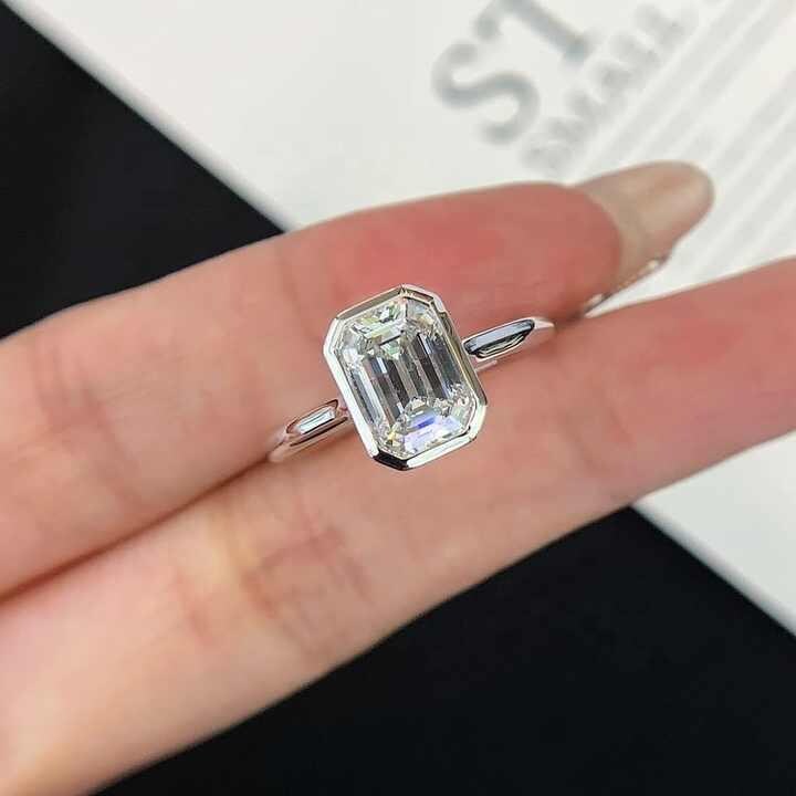 Emerald Cut Lab Grown Diamond Ring: Solitaire Bezel Engagement