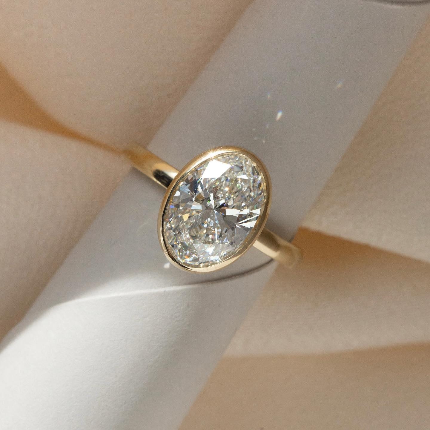Oval Lab Grown Diamond Ring: 14K Gold Bezel Solitaire, IGI Certified