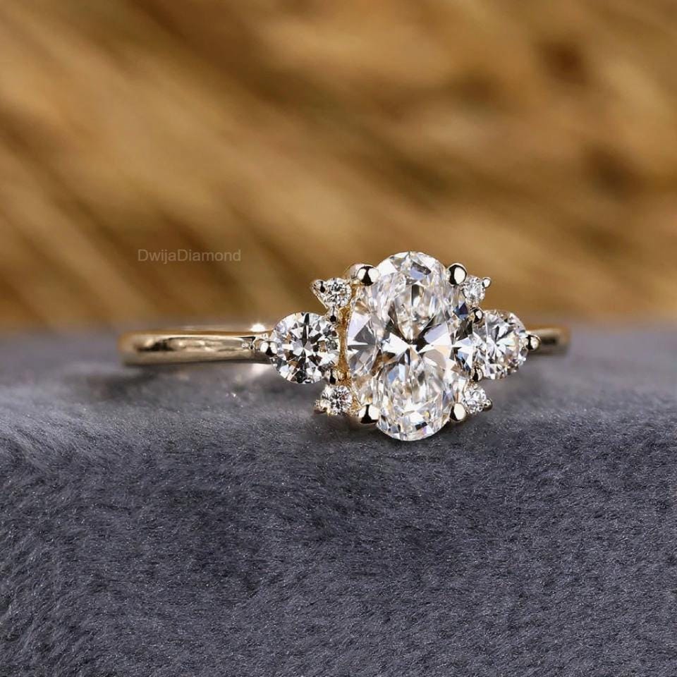 Oval Lab Diamond Engagement Ring: Art Deco Wedding Ring, Solid Gold