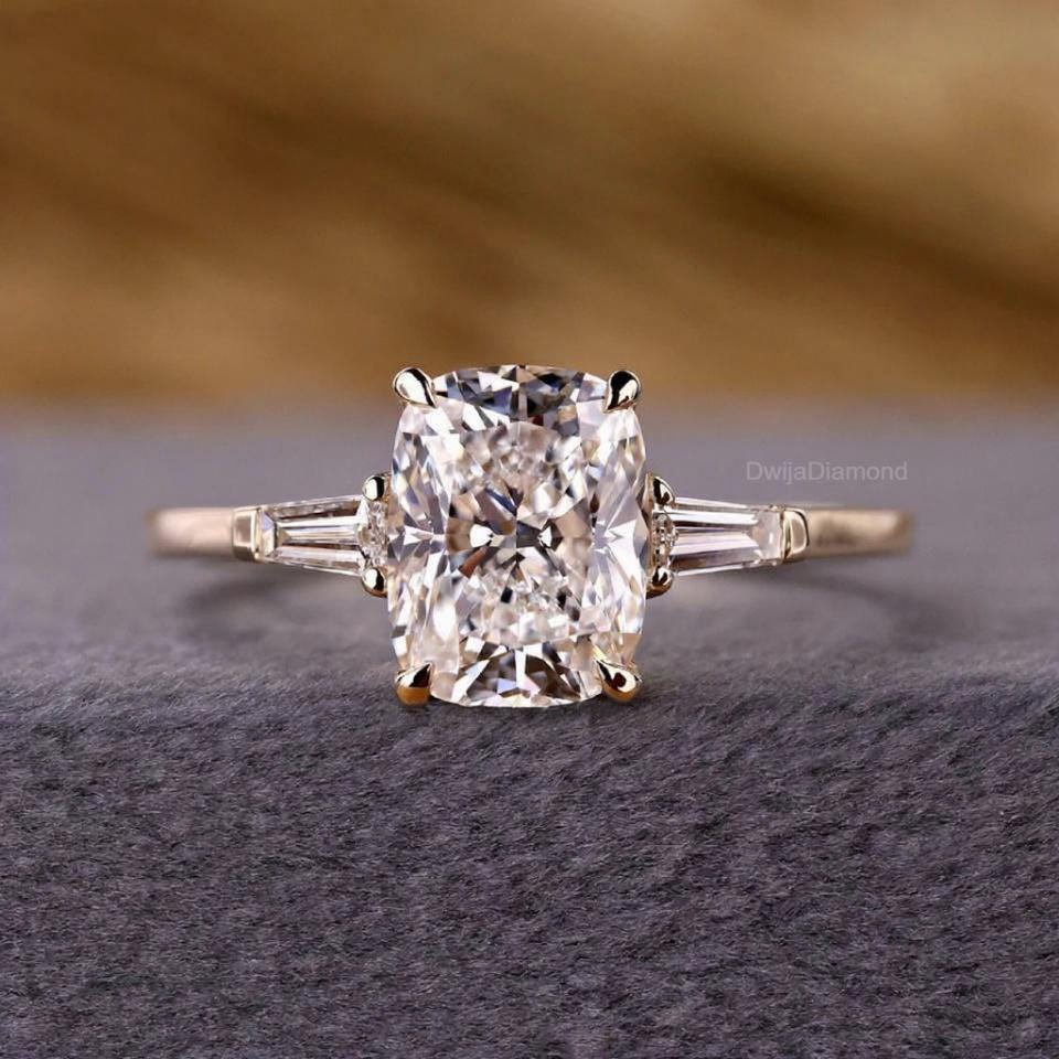 Cushion Lab Grown Diamond Engagement Ring: 14k Gold Three Stone Ring