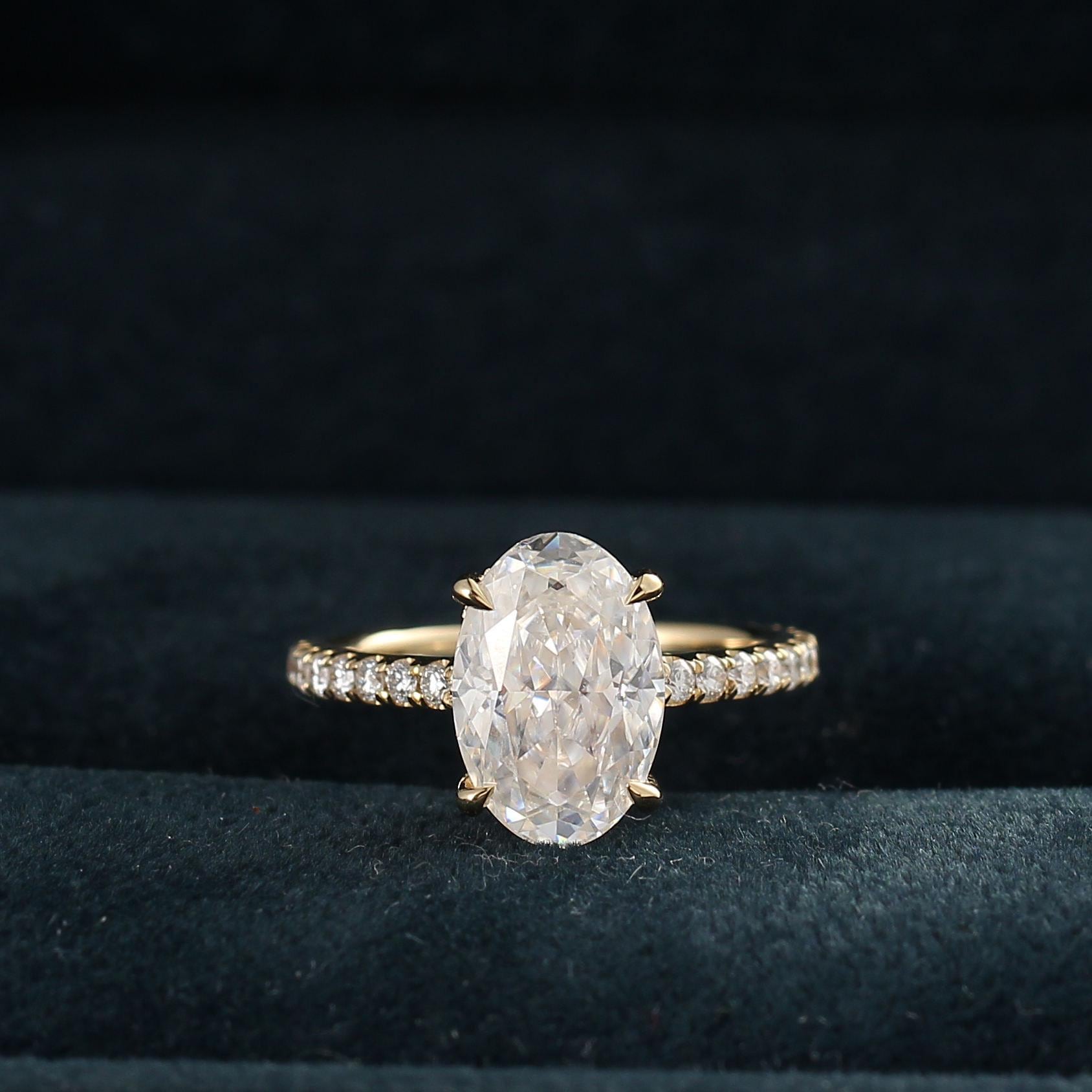 Oval Moissanite Engagement Ring: 14k Gold Hidden Halo, Half Eternity Band