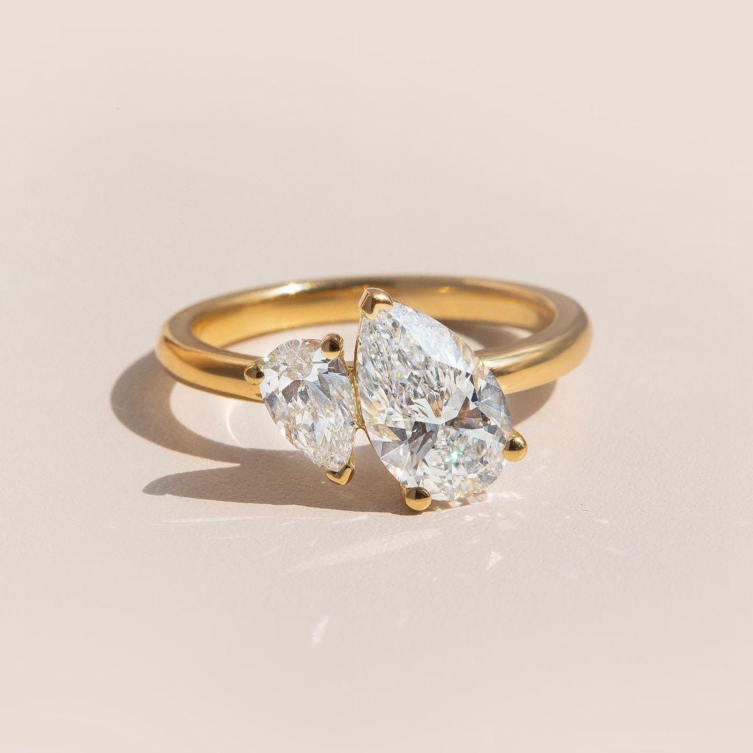 Toi et Moi Moissanite Engagement Ring: Pear Cut Two Stone Solid Gold