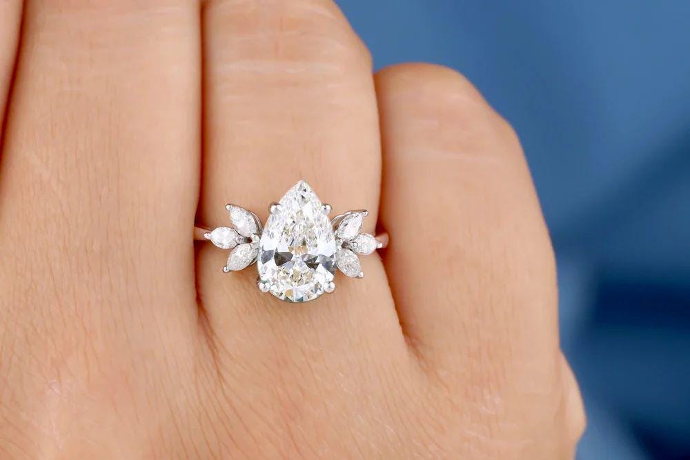 Handmade 2.87 Ct Pear Moissanite Engagement Ring: 18K White Gold