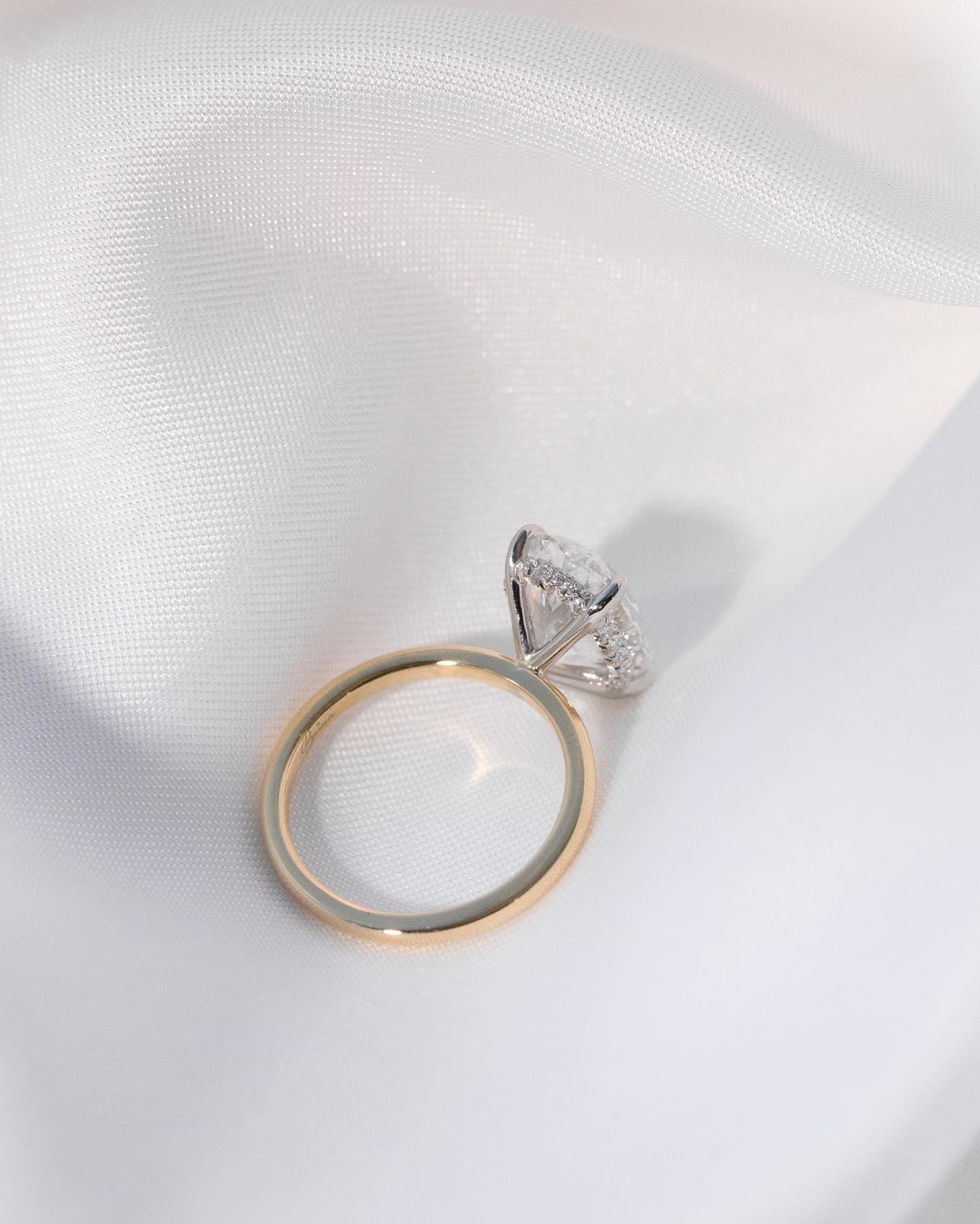 Oval Lab Grown Diamond Engagement Ring: Hidden Halo, Gold Band