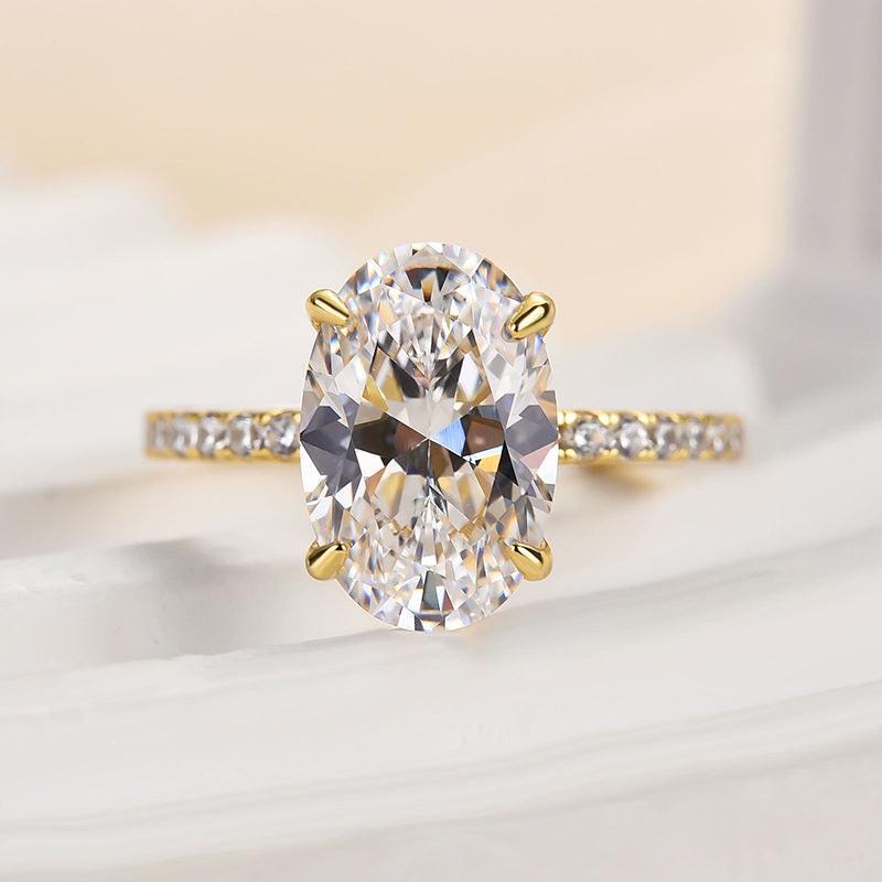 3 Carat Oval Lab Grown Diamond Ring: 14K Gold Hidden Halo Engagement Ring