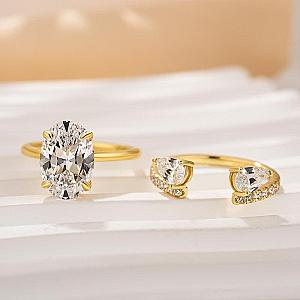 Oval Lab Grown Diamond Bridal Ring Set: 14K Gold Open Cuff Wedding Band - Image 3