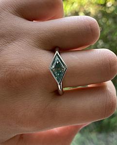 Greenish Blue Lozenge Moissanite Ring: 2 CT Kite Cut Bezel Set - Image 8