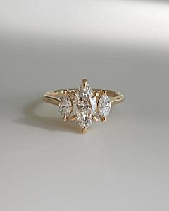 Marquise Moissanite Three Stone Engagement Ring: 14K Gold Cathedral Setting - Image 1