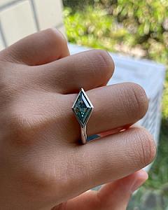 Greenish Blue Lozenge Moissanite Ring: 2 CT Kite Cut Bezel Set - Image 4