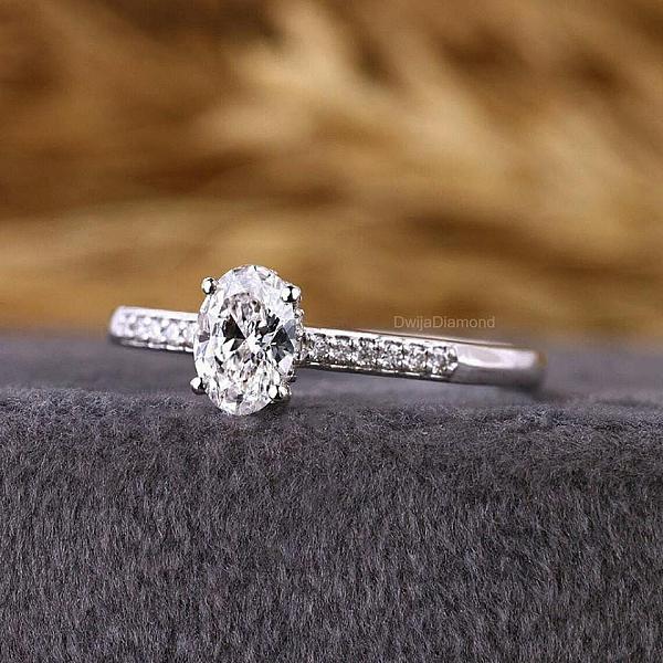Lab Grown Oval Diamond Engagement Ring: Hidden Halo, Solid Gold