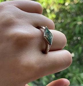 Greenish Blue Lozenge Moissanite Ring: 2 CT Kite Cut Bezel Set - Image 7