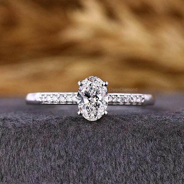 Lab Grown Oval Diamond Engagement Ring: Hidden Halo, Solid Gold