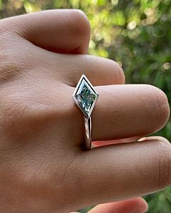 Greenish Blue Lozenge Moissanite Ring: 2 CT Kite Cut Bezel Set - Image 5