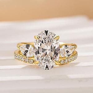 Oval Lab Grown Diamond Bridal Ring Set: 14K Gold Open Cuff Wedding Band