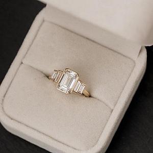 Vintage Emerald Cut Moissanite Five Stone Ring: 14K White Gold Bezel Set - Image 6
