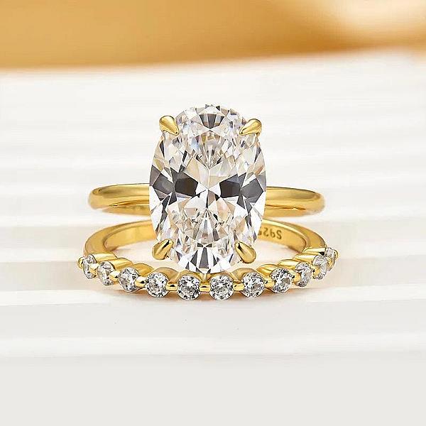 2.0 Carat IGI Certified F VVS2 Oval Lab Grown Diamond Hidden Halo Engagement Ring Set, Matching Round Diamonds Wedding Band, 14k Yellow Gold