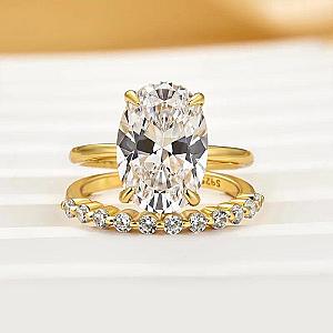 2.0 Carat IGI Certified F VVS2 Oval Lab Grown Diamond Hidden Halo Engagement Ring Set, Matching Round Diamonds Wedding Band, 14k Yellow Gold